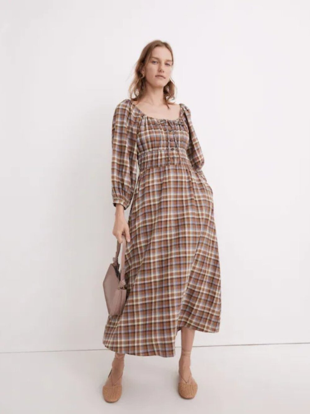 Madewell Gauze Sophia Midi Peasant Cottage Dress Brown Purple Plaid Size Large - Picture 2 of 7